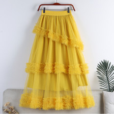 Womens Mesh Layer Skirt Tutu Tulle Midi Ruffle Tiered High Waist A-Line Casual
