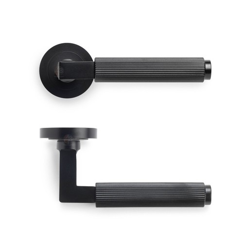 Powder Coated Black Reeded Lever on Rose Door Handle Pair Sprung Internal Set - Picture 5 of 5