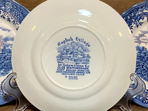 SET OF 4 - SALEM CHINA OLD STAFFORDSHIRE BLUE ENGLISH VILLAGE 6.5" BREAD PLATES