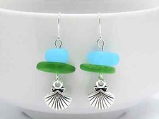 Frosted Blue  Green Sea Glass Beach Stone Pebble Silver Charm SEASHELL Earrings