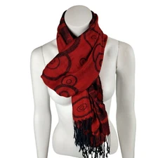 Womens Red and Black Geometric Patterned Pashmina Scarf With Fringe