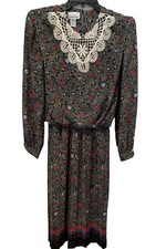 Vtg Carriage Court Dress Womens 8 Black White Floral Grannycore Lace Collar