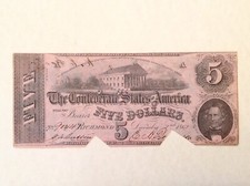 ~ T 53  Confederate States of America $5 Five Dollars  December 2, 1862