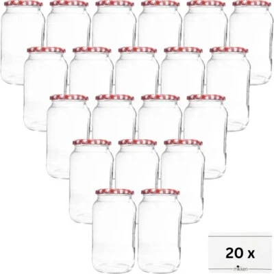 20 Einmachgläser 1,1 Liter Vorratsglas Glasdose und Deckel rot/weiss + Etiketten - Bild 1 von 4