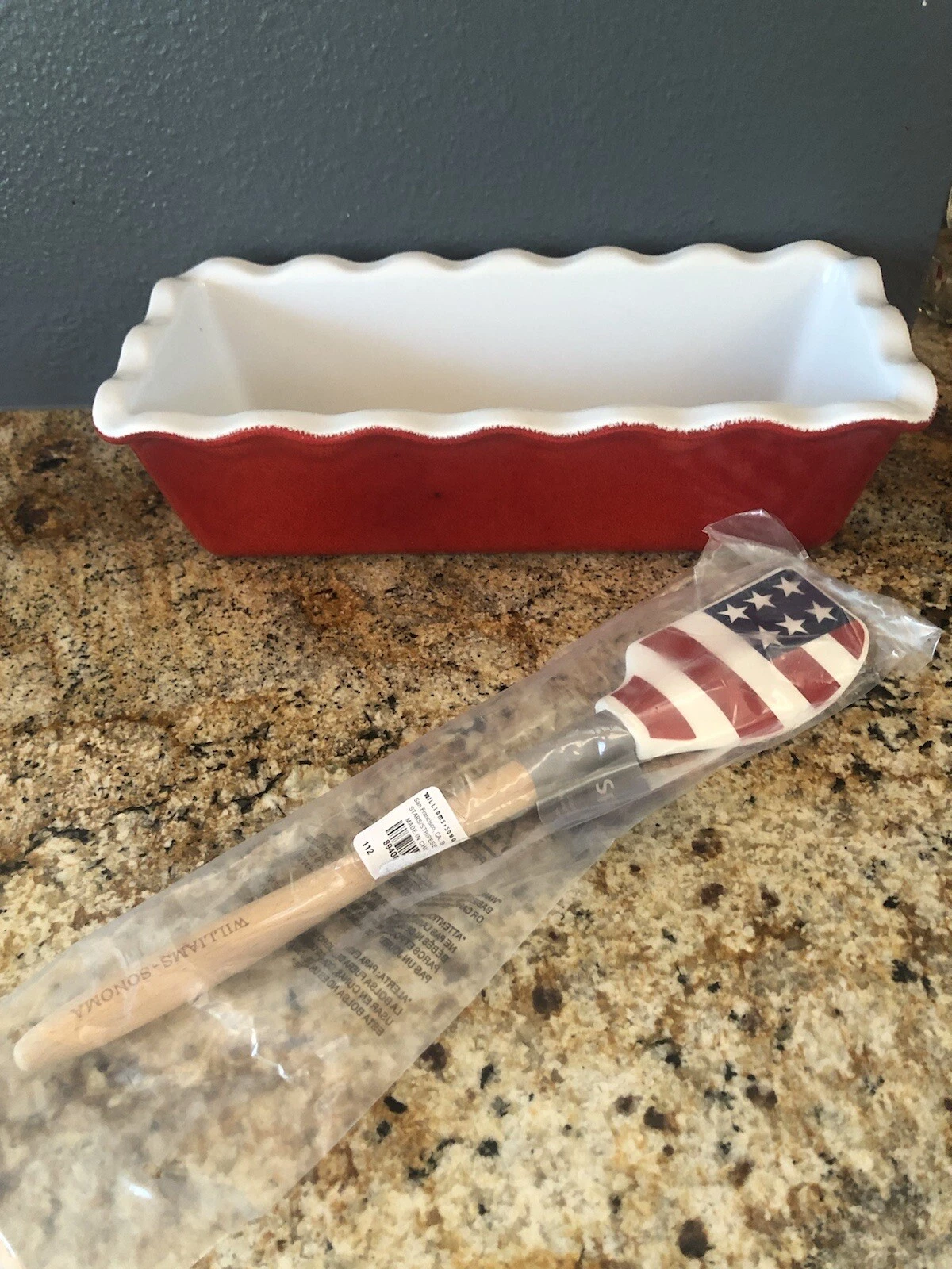 Emile Henry NWOT ruffled edge bread pan and WS patriotic spatula