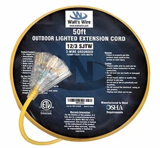 12/3 50' Lighted Heavy Duty 3 Outlet SJTW Extension Cord 12 3 50ft Indoor/Out