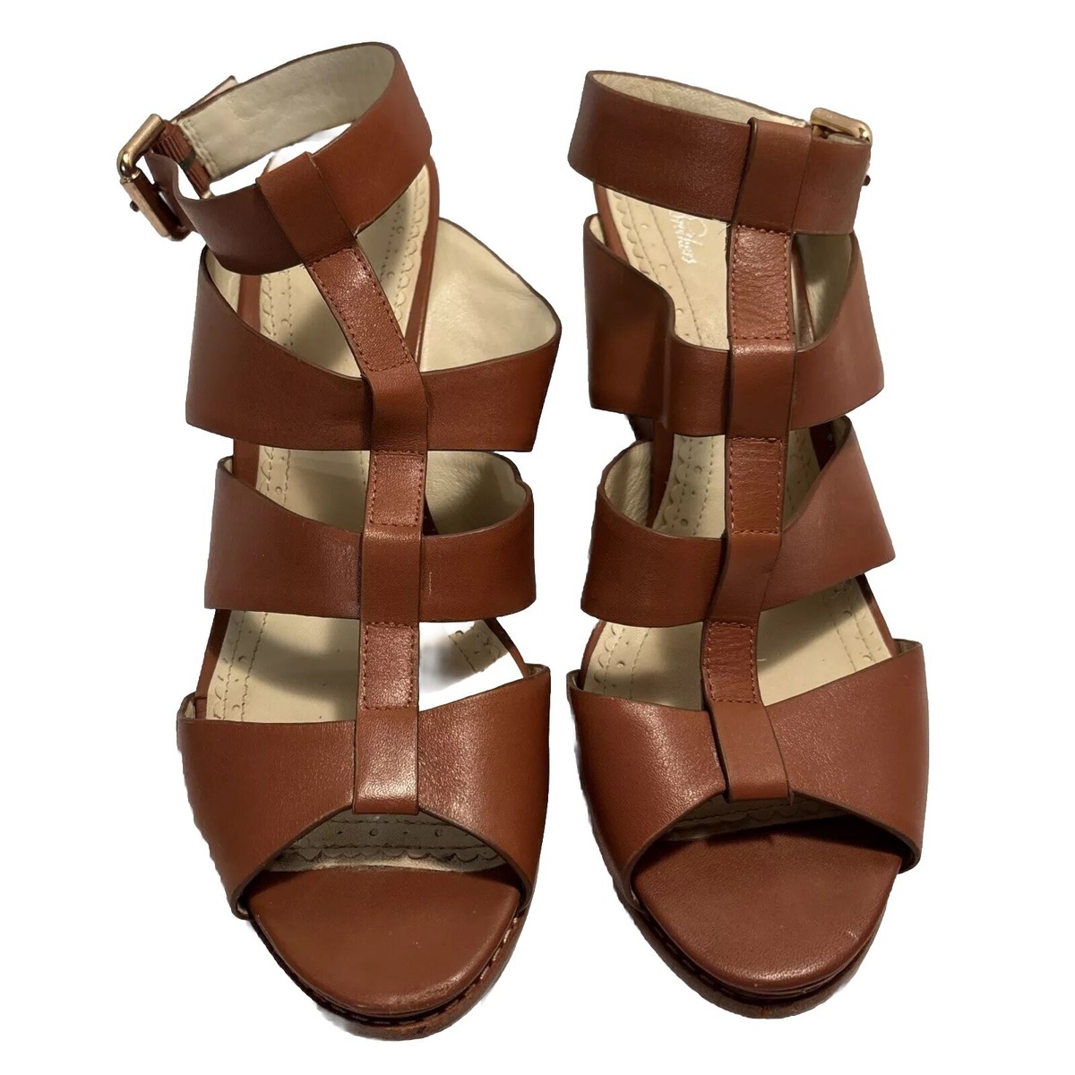 Brooks Brothers W-9 Sandals Leather  Ankle Strap Wedges Soft Light Brown