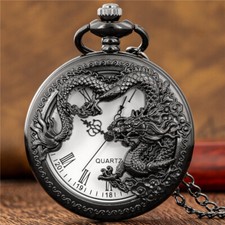 Steampunk Dragon Pattern Roman Numerals Quartz Pocket Watch with 30cm/80cm Chain