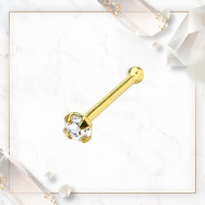 14KT Solid Yellow Gold 20G Nose Bone Studs with Prong Set Circular Clear CZ Gem