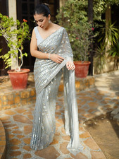 Designer gray sequence Saree indian Wedding sequins party wear bollywood sari