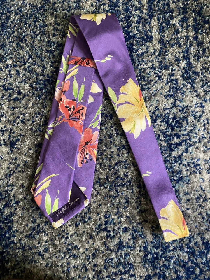 Corbata Ralph Lauren Etiqueta Púrpura Amarillo Verde Coral Negro Tropical Floral Foto 3 de 4