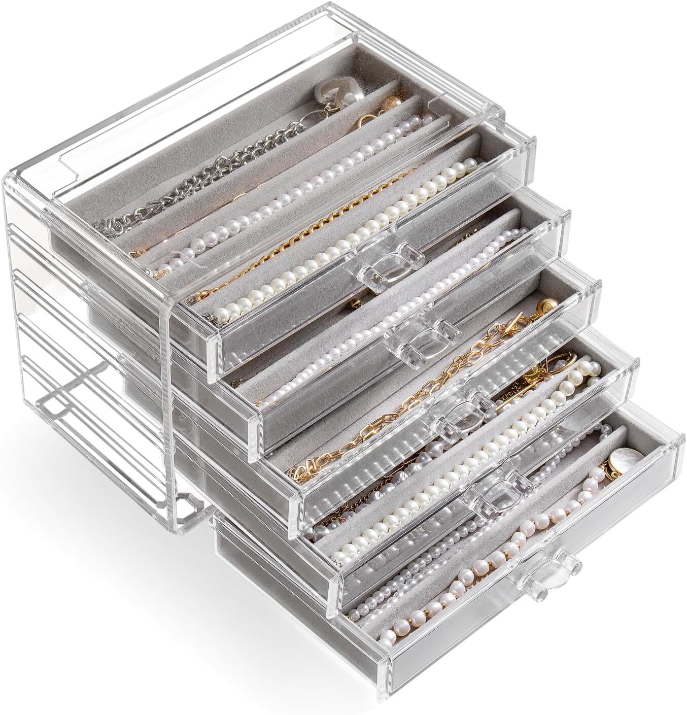 5-Drawer Gray Velvet Necklace Organizer – Dustproof Jewelry Box-image