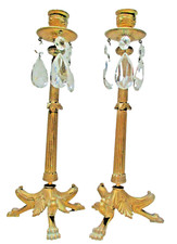 French Empire gilt pair Candlesticks with glass lustres antique
