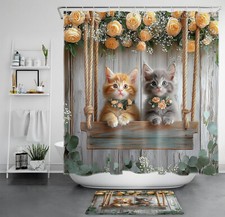 Rustic Green Eucalyptus Leaf Funny Cat Shower Curtain Bathroom Accessories Set