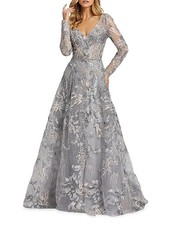 Mac Duggal Grey Beaded Floral Applique Embellished Gown Size 22 798