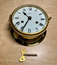 Schatz Brass Ship's Bell Clock with Key Roman Numeral Germany 7" Diameter
