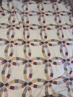 Vtg Patchwork Double Wedding Ring Print Tied Lightweight Bedspread Queen