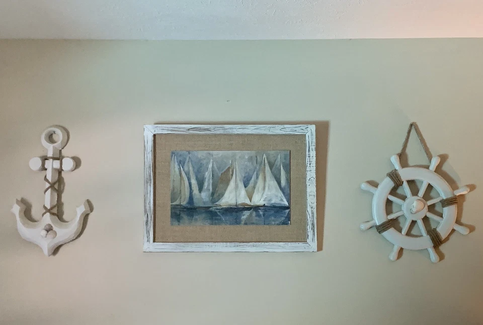 Настенное искусство морское тропическое искусство 3 предмета в рамке искусство с якорем и корабельное колесо - Изображение 2 из 4