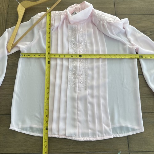 Vtg Pink Chiffon Blouse Embroidery Pleats Shoulder Pads Spring Office *Womens 14 - Picture 3 of 24