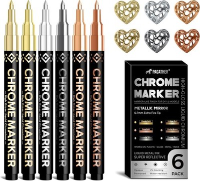 6 Colors Chrome Paint Markers, Permanent Mirror Liquid Chrome Pens for Plastic,
