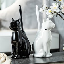 Elegant Ceramic Toilet Brush with Long Handle, Cat Design, Toilet Brush Holder