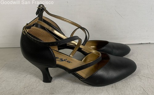 Capezio Black Leather Round Toe X-Strap Dance Spool Pump Womens Heels Size 7M