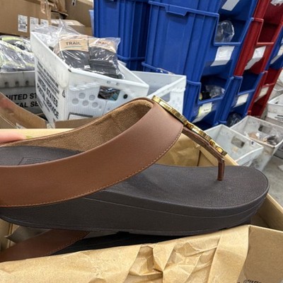 FitFlop Resin Hoop Gold Trim Slip-On Leather Thong Sandals Rich Brown Women s