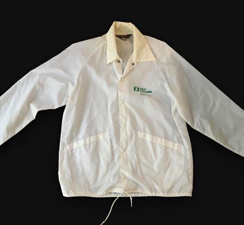 Vintage 80s Dunbrooke Pla-Jac First Interstate Bank Windbreaker Jacket White Lg - product listing photo