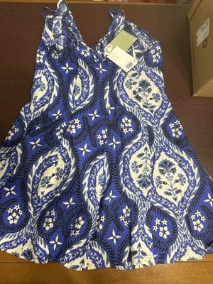 H&M Divided Size SMALL Blue White Floral V-Neck Strappy Midi Button A-Line Dress