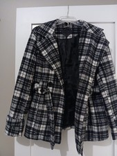 JouJou XL Women's Black & White Plaid Belted Collared ButtonUp Jacket W/ Pockets