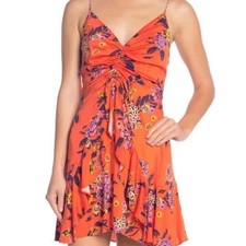 Free People Happy Heart Floral Cinched Mini Dress in Warm Combo Orange Small