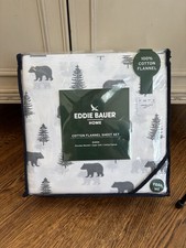 Eddie Bauer Home Cotton Flannel Sheet Set White Green Bears Trees NWT Queen Set