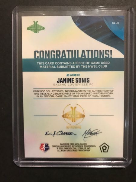 Janine Sonis 2025 Parkside NWSL Pacific GAME USED MATCH WORN Jersey Relic /50 view 2