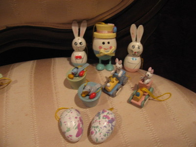Vintage Wood Easter Rabbit, Duck, Eggs Figurines Holiday Ornaments, Cake Toppers