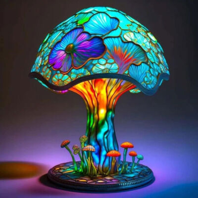 3D Vintage Stained Glass Plant Series Table Lamps Mushroom Creative Light Resin 