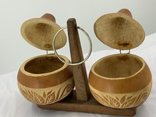 Natural Dried Gourd Storage Containers with Solid Wood Holder Decorated