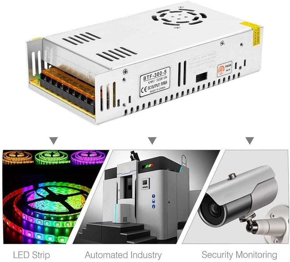 BTF-300-5 CCTV Power Supply with Fan 5V 60A Output-110V/220V Input