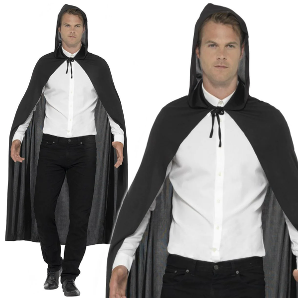 Erwachsene Herren Damen Unisex Schwarz Mit Kapuze Umhang Cape Vampir Halloween-image