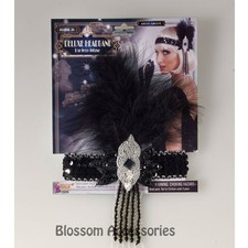 A276 1920's 20s Black Flapper Gatsby Headband Headpiece Headdress w/ Feather