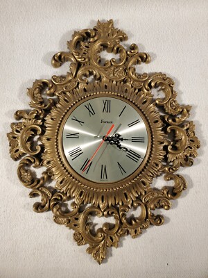 Vtg 1970s Arabesque Burwood Decorative Wall Clock Ornate Gold Plastic Regency
