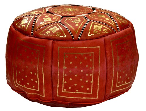 Pouf Moroccan Hassock Leather Round Ottoman Foot-stool Pouffe Medium Red - Picture 2 of 4