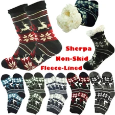 Mens Cozy Fuzzy Thick Sherpa Fleece Lined Deer Knit Non-Skid Slipper Socks LOT