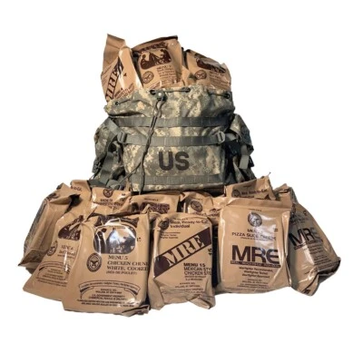 ARMY SURPLUS Military MRE A&B Cases Insp Date 2025 or Newer & ACU Ruck Sack Combo!