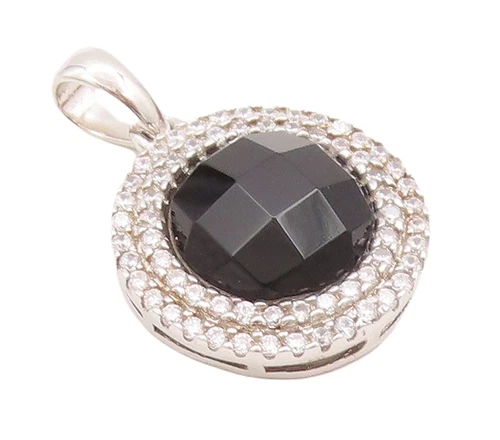 925 Sterling Silver Vintage Pendant Round Cut Onyx Halo CZ Double Band  PT23074