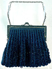 Vintage Woven Blue Cloth Glass Beaded Purse Nice Iridescence