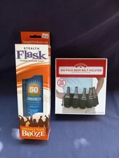 SMUGGLE YOUR BOOZE STEALTH FLASK & HOLIDAY TIME 6 PK BEER BELT(Lot of 2)