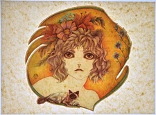 Original VINTAGE 1970s Heat Transfer | Psychedelic Art nouveau Cat Girl