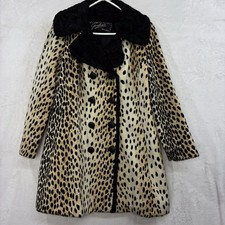 Vintage 1960s Faux Leopard Swing Coat Safari Pinup Classic Black Collar Cream