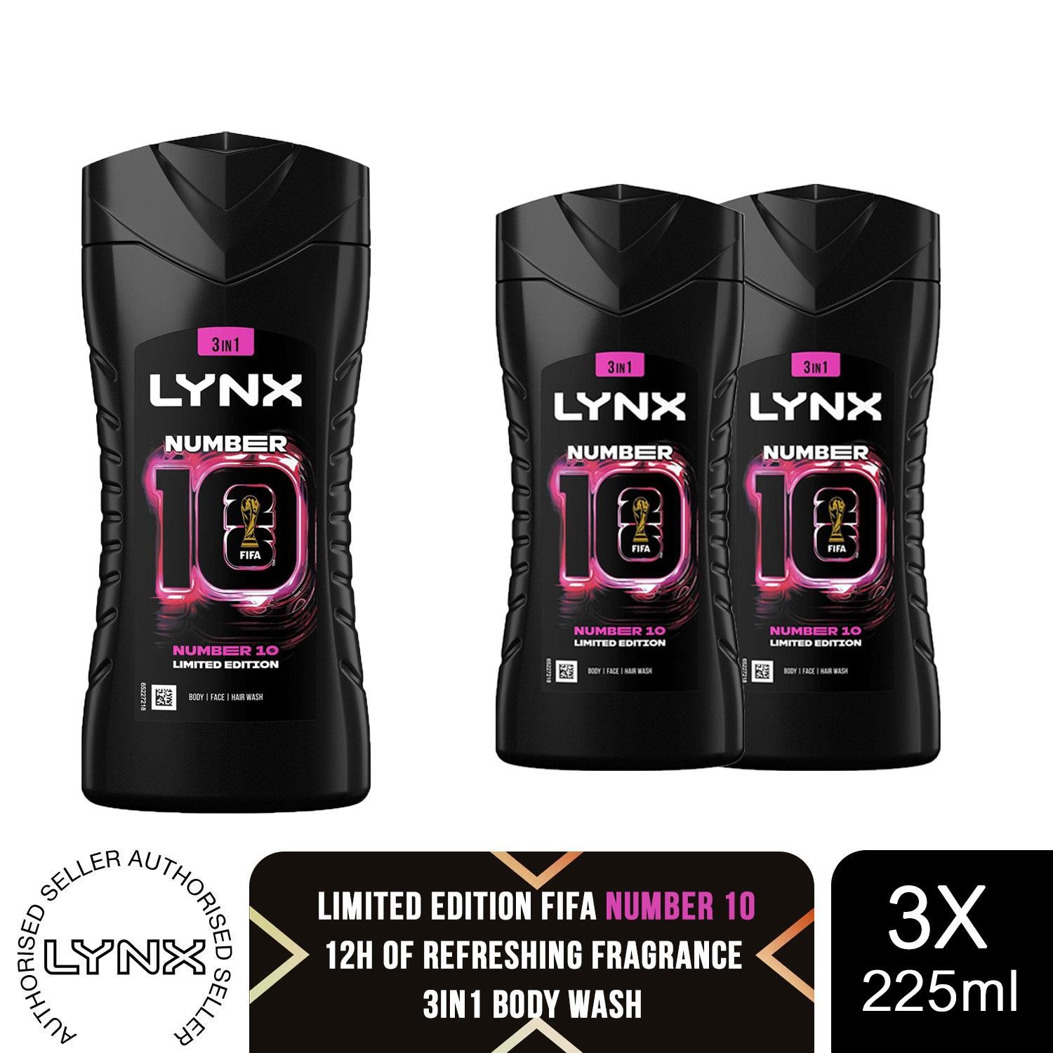 Lynx FIFA Number 10 Shower Gel 3 in 1 Body Hair Face Wash 225ml 3 Pack