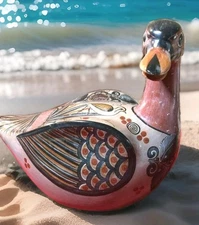 Very Large Vtg Elaborate Hand Painted Tonala Clay Mexican Pottery Duck Statue